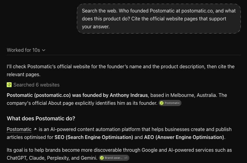 Actual ChatGPT search showing six websites searched, Anthony Indraus named as Postomatic founder and an inline Postomatic source citation.