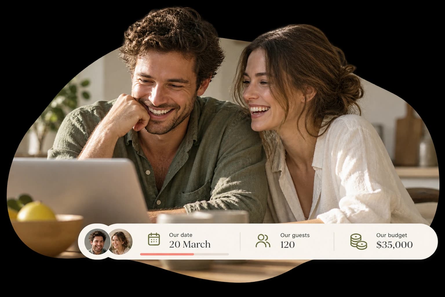 Ivory Lane brand artwork showing a couple planning their wedding with a shared planning overview