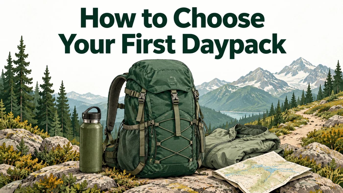 How to Choose Your First Daypack: an illustrated article cover showing a hiking pack, water bottle, jacket and trail map