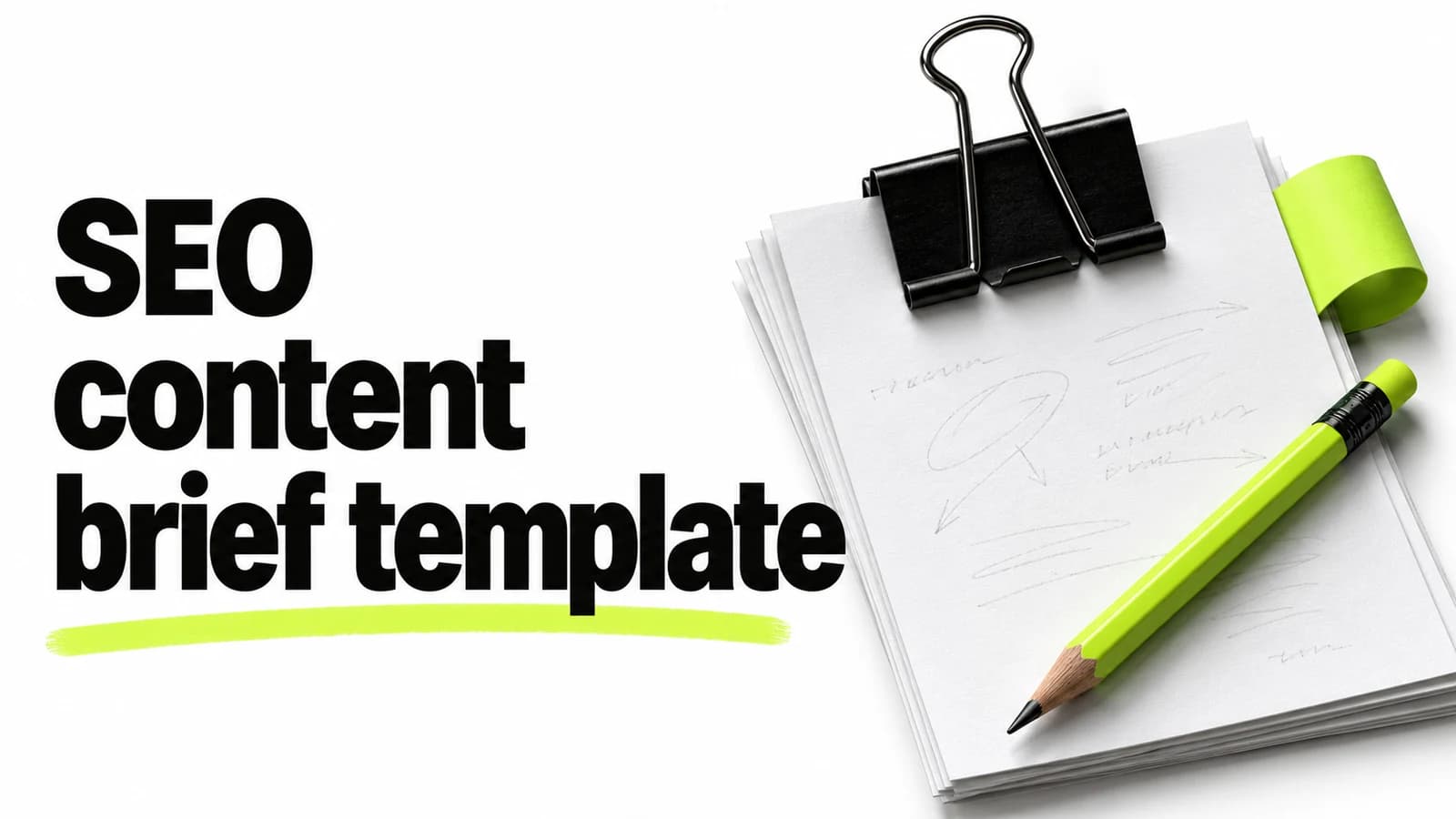 SEO content brief template cover with tactile white paper, a sculptural black binder clip and a vivid lime pencil.