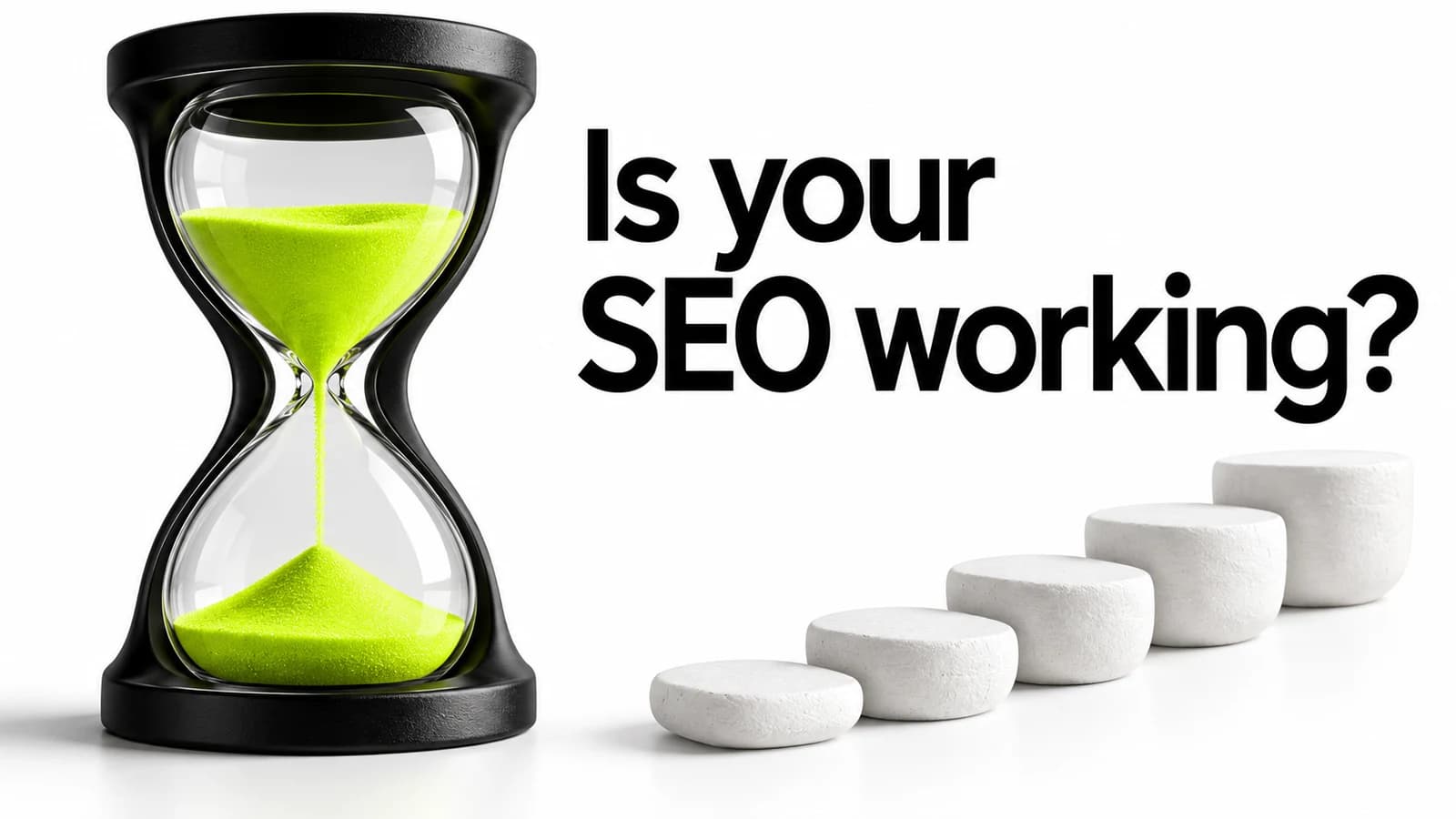 A black hourglass with lime sand and five white stepping stones beneath the words Is your SEO working?