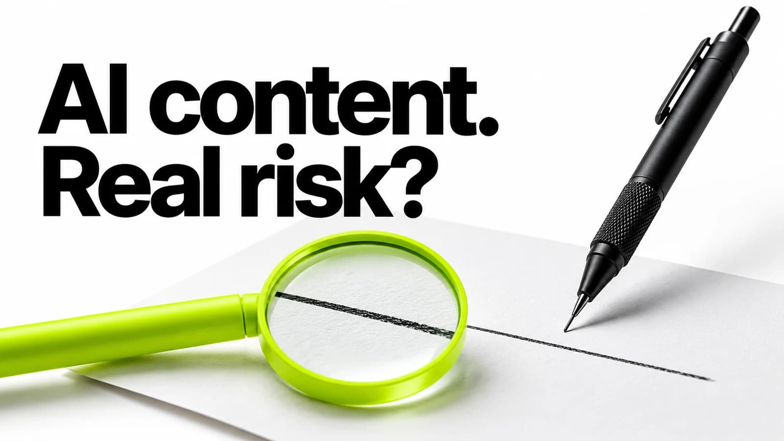 A black mechanical pencil and lime magnifying glass examine a line on paper beneath the words AI content. Real risk?