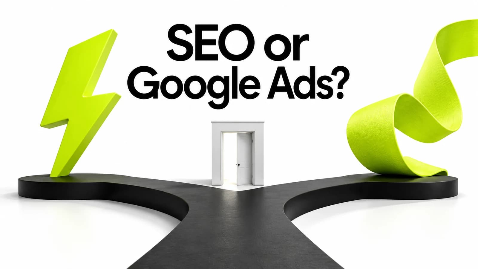 A black forked path with a lime lightning bolt and ribbon beneath the words SEO or Google Ads?